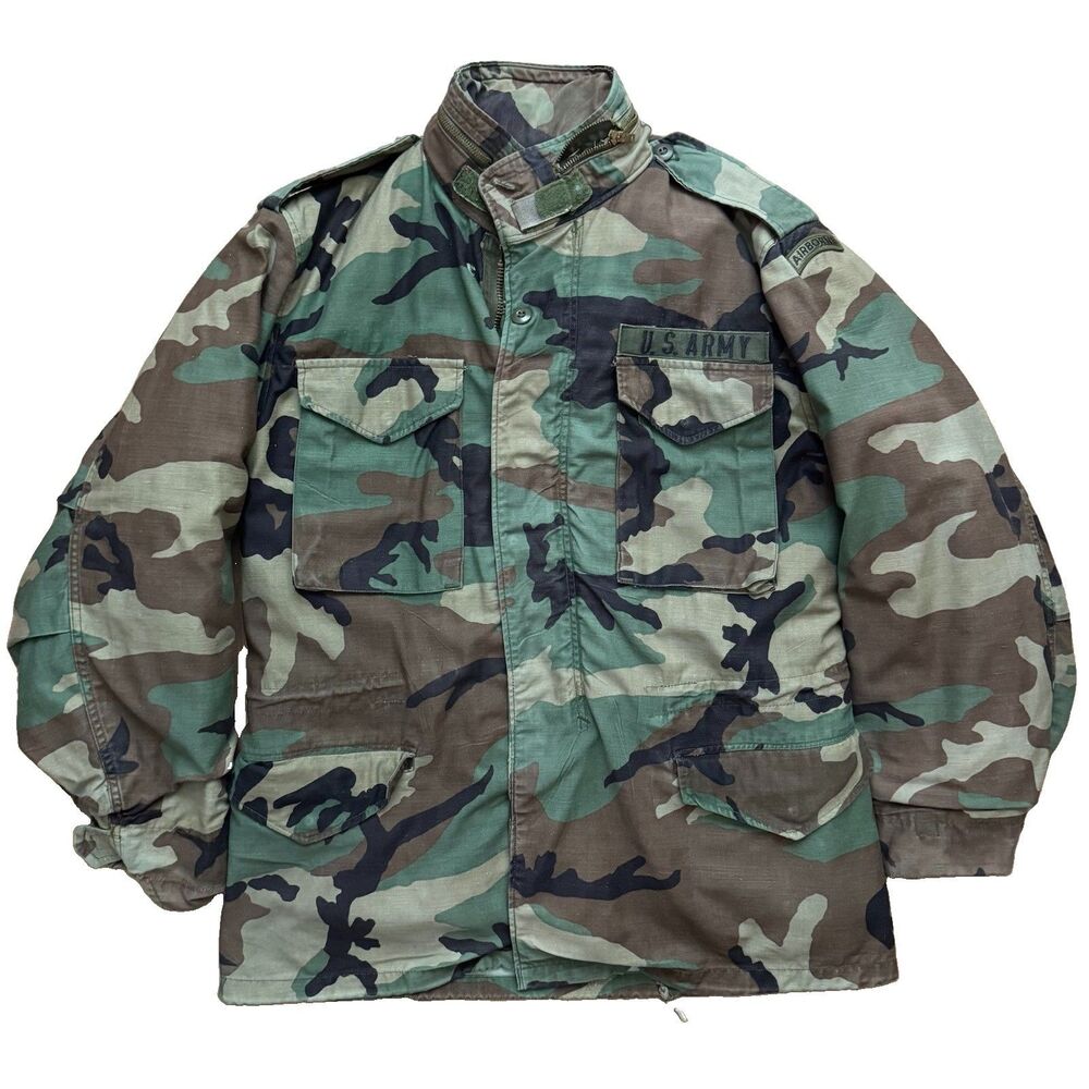 VTG 80s USGI M-65 Jacket Woodland Camo Cold Weather Army Medium Long W/ Liner